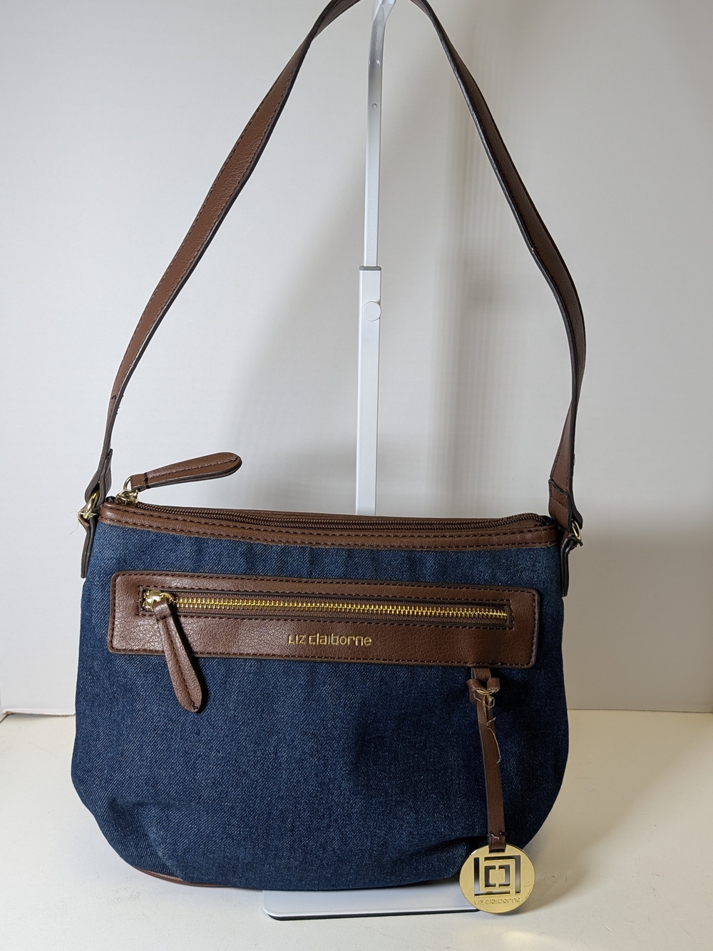 Liz Claiborne Denim Tote with Brown Leather Trim and Gold Emblem